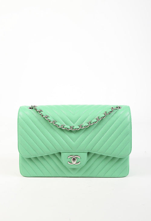 Chanel Jumbo Chevron Flap Green Caviar Leather CC Shoulder Bag – Luxury Garage Sale